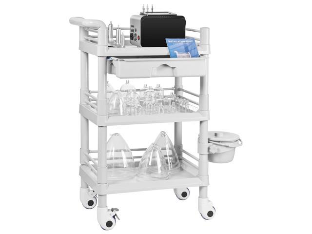 Beauty Trolley Cart with Wheels, Vacuum Therapy Machine Trolley with Handrail, Bucket and Big Drawer, 3 Tier Heavy Duty Beauty Cart, Load 330lbs,...