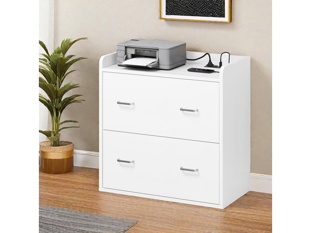 File Cabinet with Charging Station,2 Drawer Lateral Filing Cabinet with Storage, Large Printer Stand for Home Office Living Room, Fits A4 Legal...