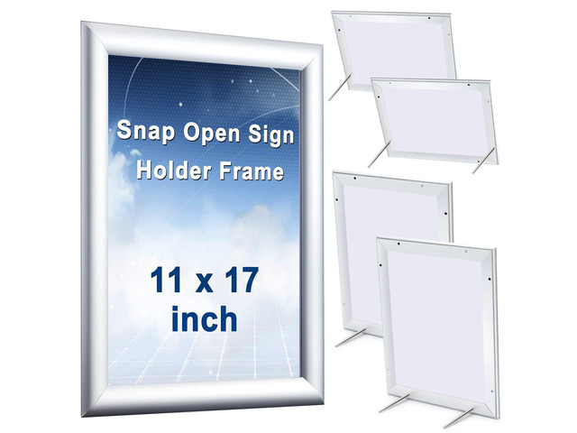 4 Pcs Silver, 11 x 17 Inch, Front Load Easy Open Snap Frame Poster/picture Frame, Metal Snap Open Sign Holder, Wall Mount or Tabletop