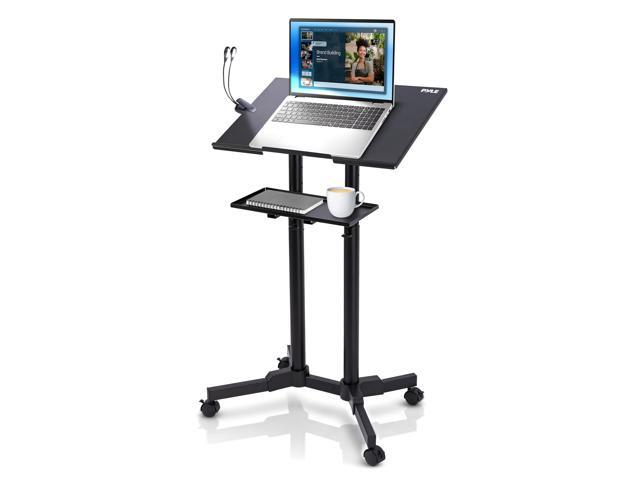 Lectern Podium Stand Adjustable Height Top Shelf, Bottom Shelf, Locking Plastic Wheels, & LED Reading Light Mobile Standing Desk for Classrooms.