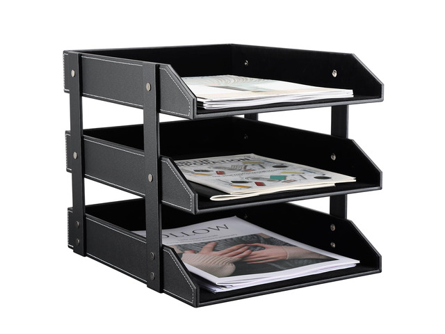 Letter Tray, Leather Paper Organizer Tray, Wooden Desk File Holder, Desktop File, Stackable Magazine Holder, Mail Sorter, Great for Home or Office...