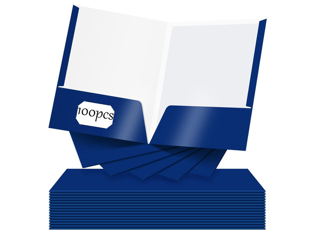 100 Pack Folder with 2 Pocket Glossy Laminated Letter Size Paper Folder with Pocket Bulk Paper Portfolios for School, Teacher, College, Office (Blue)