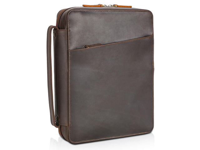 Polare Full Grain Leather Bible Cover Church Bag 10x7.5x2.2 inch Carrying Book Case Bible Protective with Handle and YKK Zippered Pocket (Dark Brown)