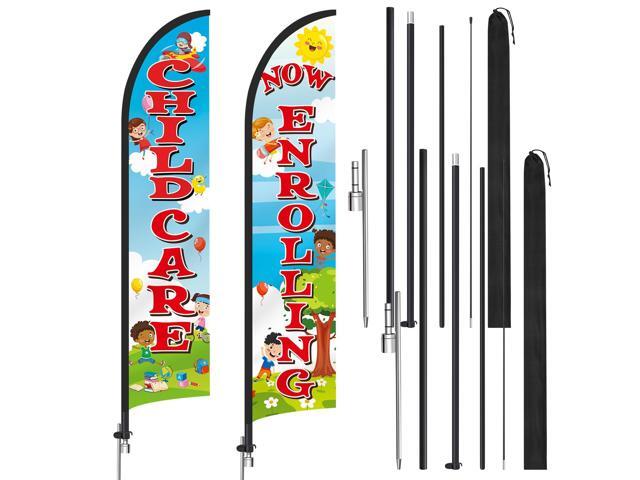 2 Pack 15ft x 2.5ft Now Enrolling Childcare Feather Flag Set Swooper Flag Weatherproof Advertising Banner Enrolling Sign with Flagpoles Ground...