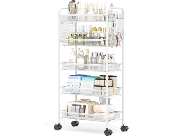 5 Tier Metal Rolling Utility Cart - Heavy Duty Storage Trolley with Pegboard, 4 Hooks & 1 Bin, Mobile Organizer Shelves for Bathroom Kitchen Office...