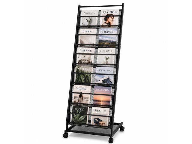 Magazine Rack 6-Tier Display Stand with Wheels, Floor Standing Holder Brochure Organizer Rack with Back Storage for Trade Shows, Offices, Shops.