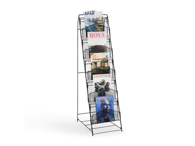 Onyx Mesh Magazine Holder, Ladder Style Display Rack with 5 Pockets, Brochure Organizer, Commercial-Grade Steel Construction, Black