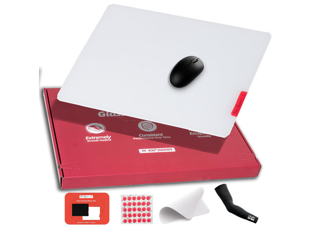 Glass Gaming Mouse Pad, 500 x 400 mm, White Large tempered glass; controlled glide, anti-slip base, rounded edges and kit included