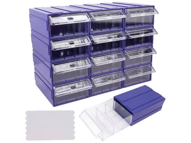 12 Pcs Drawer Stacking Storage Cabinet, Blue Plastic Drawers Storage Closet & 36 Pcs Clear Dividers Organizer Rack & 48 Pcs Tag Card & 24 Pcs...
