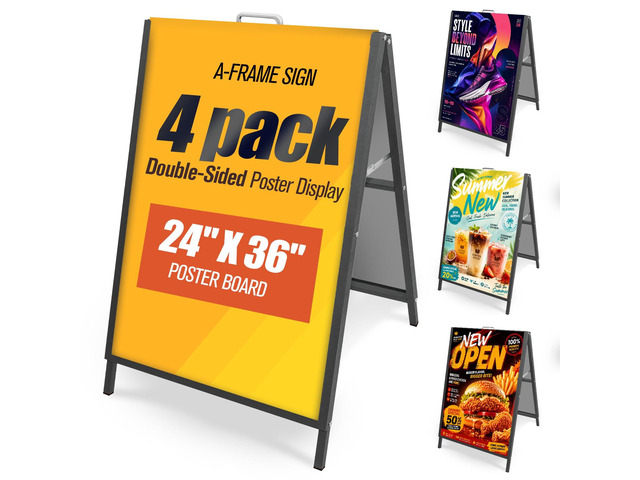 4 Pcs 24x36 Inch A-Frame Sidewalk Signs, Frame Only Double-Sided Heavy Duty Sandwich Boards with Carry Handles, Business Folding Sign Holder for...