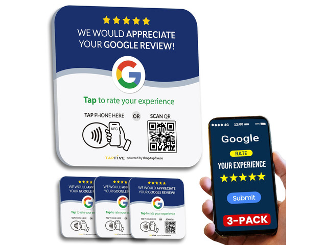 Google Review Plate (3-Pack) by Tap for Instant Reviews NFC + QR Code Sign Stick to Wall, Glass, Counter, POS with 3M Adhesive All Phones ...