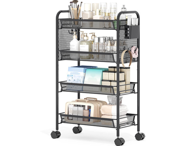 4 Tier Metal Rolling Utility Cart - Heavy Duty Storage Trolley with Pegboard, 4 Hooks & 1 Bin, Mobile Organizer Shelves for Bathroom Kitchen Office...
