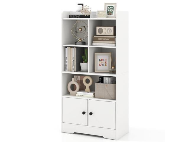 4-Tier Bookcase with Doors, Small Bookshelf with 5 Cubbies and 2 Cabinets, White Freestanding Bookshelf, 47.5' Wooden Storage Cabinet Organizer for...