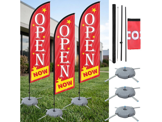 3 Sets Open Feather Flag Pole Kit Now Open Flag with Pole, Ground Stake, Water Bag, Travel Bag Outdoor Sign Advertising Themed Feather Banner for...