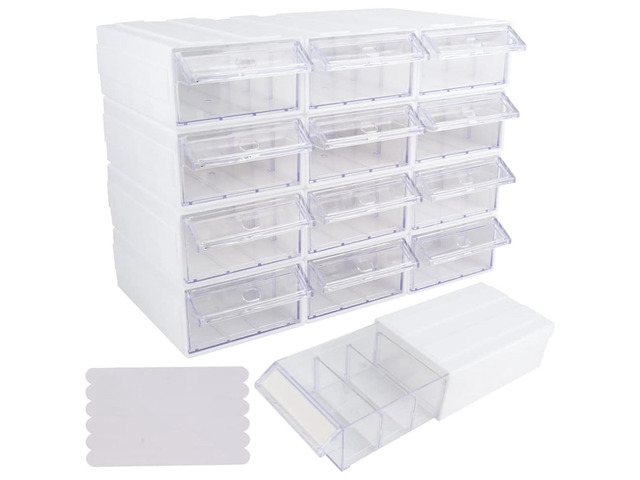 12 Pcs Drawer Stackable Storage Cabinet, White Plastic Organizer with Drawers & 36 Pcs Clear Dividers Organizer Rack & 48 Pcs Tag Card & 24 Pcs...