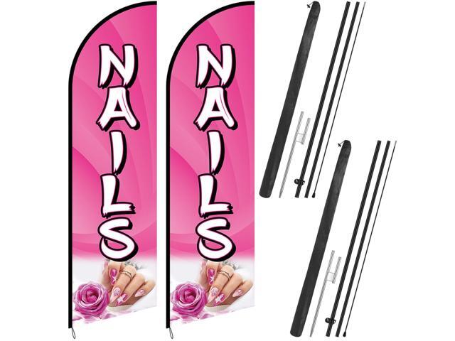 2 Sets Nails Salon Feather Flag Sign 11FT Nails Flags for Business Pole Kit with Stainless Steel Ground Spikes Portable Bags Pink Feather Banner.