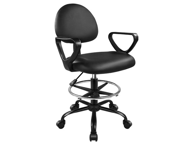 Black Drafting Chair with Footrest Swivel PU Leather Rolling Stool Chair with Wheels Height Adjustable Office Chair with Armrests Computer Desk Chair