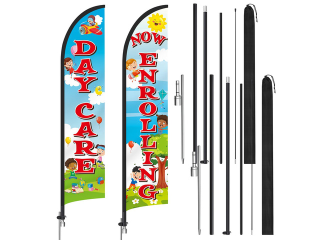 2 Pack 15ft x 2.5ft Now Enrolling Daycare Feather Flag Set Swooper Flag Weatherproof Advertising Banner Enrolling Sign with Flagpoles Ground Stakes...