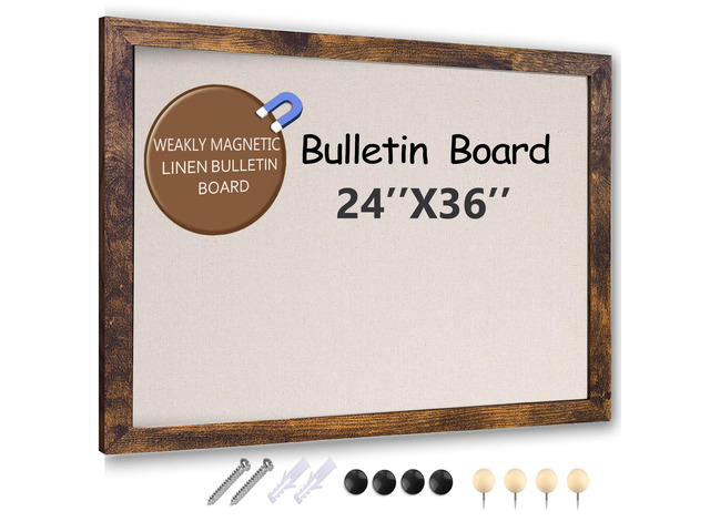 Large Magnetic Bulletin Board 36 x 24 Inch for Wall,Rustic Framed Cork Board with Linen for Home Office School,with 4 Push pins, 4 Magnets