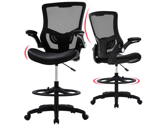 Drafting Chair Mid-Back Mesh Tall Office Chair with Flip-Up Arms Desk Chair with Ergonomic Lumbar Support Foot Ring,Black