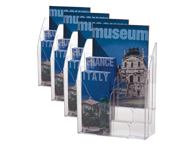 Multi-Use Literature Holder, 6 Pockets for 4.125 Inch Wide Leaflets or 3 Pockets for Letter Size Sheets or Folders, Clear (22914) (Pack of 4)