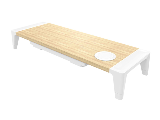 Office Wooden Monitor Stand with Wireless Charging Pad, Drawer for Storage, Adjustable Height Riser Includes Removable Non-Skid Rubber Feet - Wood...