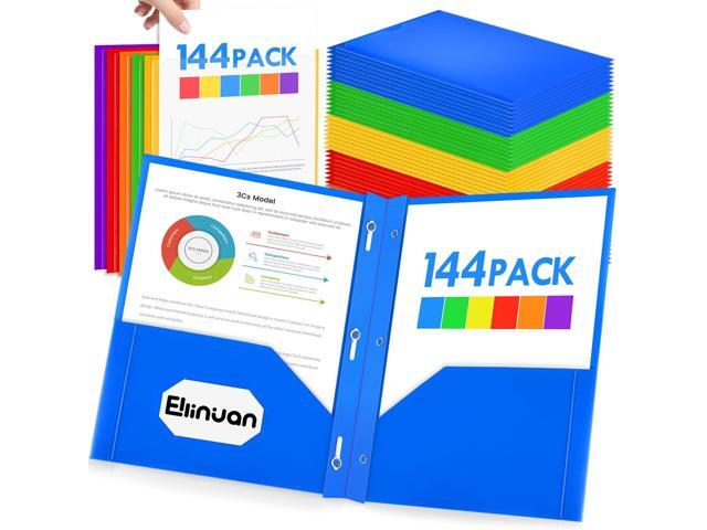 144 Pack Plastic Folders with Pockets and Prongs, Clear Front 2 Pocket Folders with Brads, Heavy Duty Bulk Folders in 6 Colors, Letter Size for...