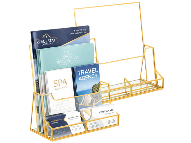 2 Pcs 8.5 x 11 Inches Gold Glass Brochure Holder Countertop Literature Trifold Pamphlet Stand with Business Name Cardholder Flyer Brochure Display...