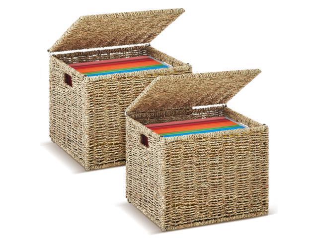 Woven Seagrass File Storage Boxes, Decorative Hanging File Organizer with Lid for Home Office, Letter Size, 2 Pack