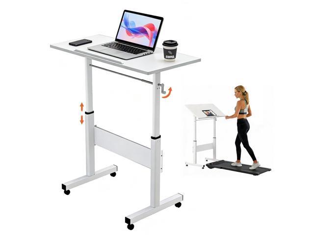 Hand Crank Small Standing Desk, Adjustable Height 27.76-40', Tiltable Tabletop with Wheels, Portable Laptop Computer Table, Rolling Podium Mobile...