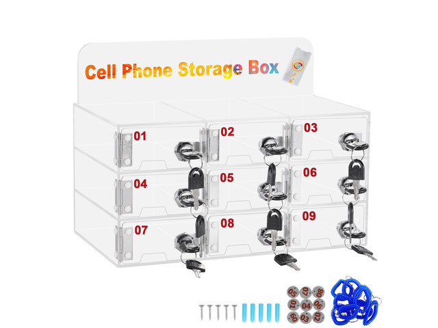 Cell Phone Locker Box 9 Slots, Wall-Mounted, with Door Locks & Keys Acrylic Mobile Phone Storage Cabinet Organizer for Office School Classroom
