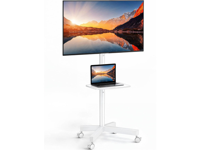 Rolling White TV Stand for 2365 Inch TVs up to 99 lbs, Portable TV Stand on Wheels with Height Adjustable Shelf, Outdoor Mobile White TV Cart for...