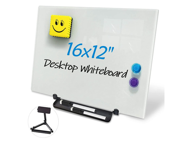 Magnetic Glass Whiteboard Desktop Easel, 16x12 Tabletop Glass Dry Erase Board with Adjustable Stand, Portable Tempered Glass Writing Board for Desk...