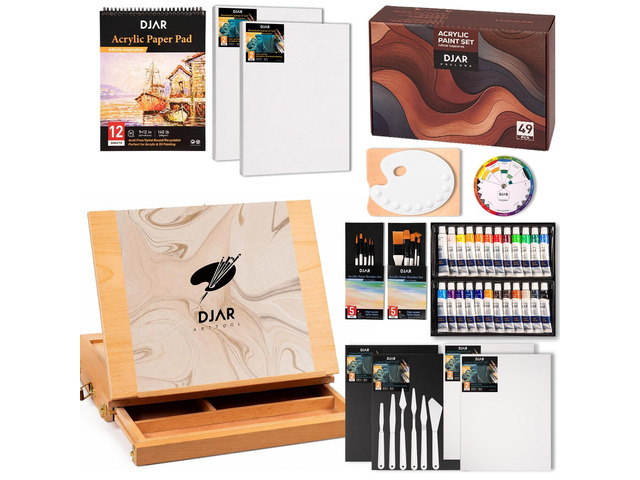 49 Pcs Acrylic Paint Set with Tabletop Easel Box, 24 Colors All-in-One Painting Kit with Sketchbook, Painting Pads & Palette, Complete Art...