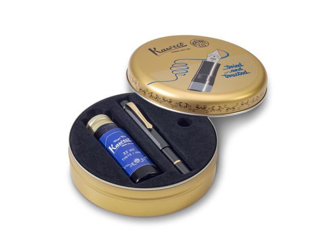 PISTON SPORT AL Black/Gold Starter Set I Classic Aluminium Fountain Pen for Ink Bottles in Nostalgic Box including Ink Bottle in Royal Blue I.