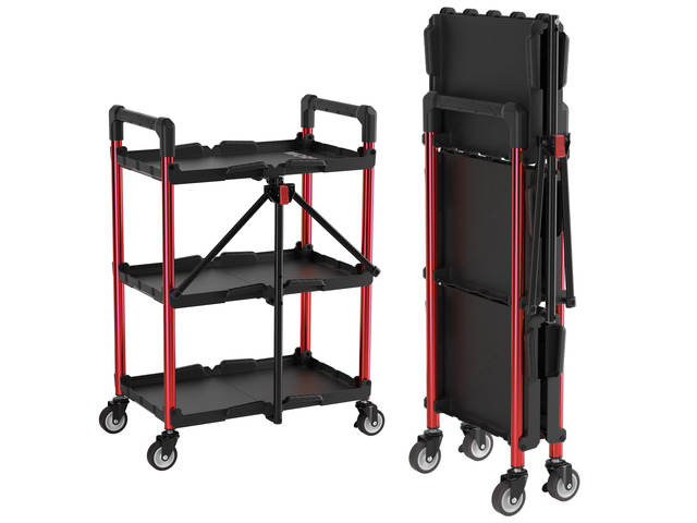 3-Tier Collapsible Utility Cart, 210 LBS Cart with Wheels No Assembly Required, Foldable Service Cart with Spacious Shelves for Garage,...