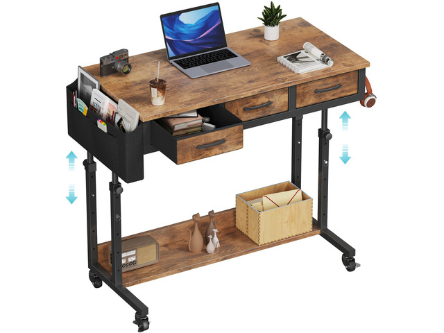 Rolling Standing Desk Adjustable Height with Drawers on Wheels, 40 Inch Portable Mobile Stand Up Computer Desks for Bedroom Home Office, Couch Sofa...