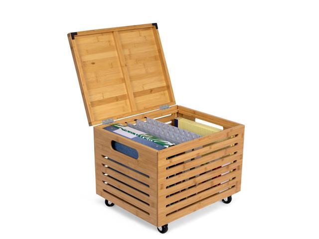 Bamboo Rolling File Storage Organizer Box with Lid - Decorative File Cabinet on Wheels, Portable File Box on Wheels, Mobile Filing Solution - Natural