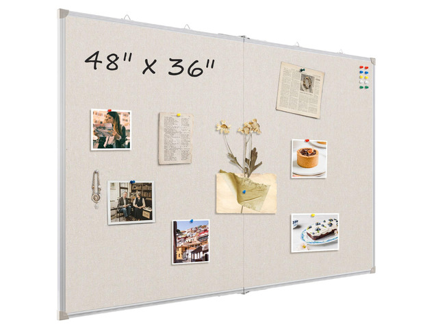 Double-Sided Large Foldable Cork Board with Linen, 48' x 36' Hanging Aluminum Framed Bulletin Board, Beige Vision Board Pin Board Corkboards for...