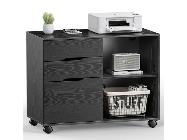 File Cabinet with 3 Drawers, Wood Under Desk Storage Printer Stand Rolling Lateral Filing Cabinet with Adjustable Shelves for Home Office Study...