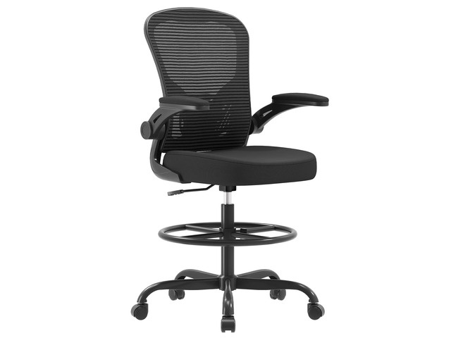 Ergonomic Drafting Chair, Tall Office Chair with Flip-up Armrests, Breathable Mesh High Desk Chair with Lumbar Support Adjustable Footrest Ring for...