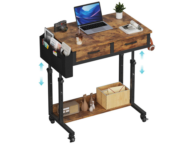 Small Portable Standing Rolling Desk - 32 Inch Adjustable Mobile Stand Up Teacher Desks with 2 Fabric Drawers on Wheels, Couch Sofa Side Laptop...