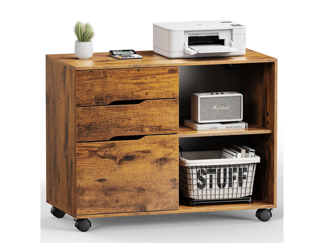 File Cabinet with 3 Drawers, Wood Under Desk Storage Printer Stand Rolling Lateral Filing Cabinet with Adjustable Shelves for Home Office Study...