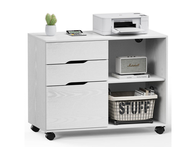 File Cabinet with 3 Drawers, Wood Under Desk Storage Printer Stand Rolling Lateral Filing Cabinet with Adjustable Shelves for Home Office Study...