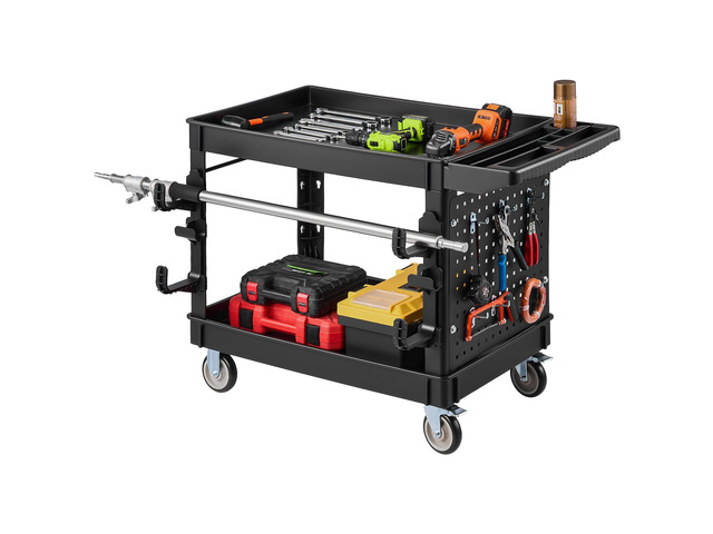 Utility Cart with Tray & Pegboard, 44.8 x 24in 2 Tier Service Cart with 360° Swivel & Fixed Wheels (2 Brakes), 550 LBS Work Cart Tub Storage W/Deep...
