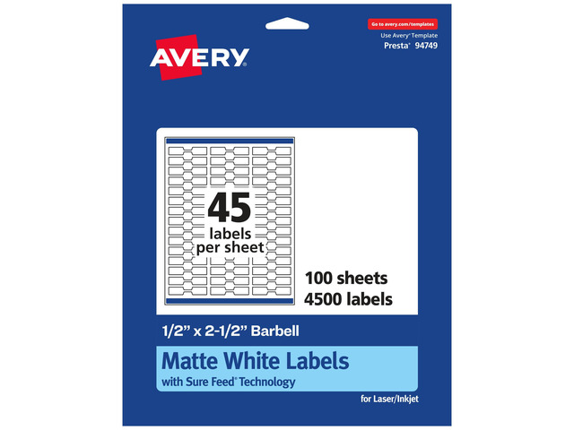 Matte White Barbell Labels, Sure Feed Technology, 0.5' x 2.5', 4,500 White Labels, Permanent Adhesive, Laser/Inkjet Printable