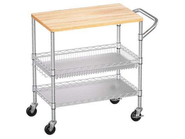 3 Tier Rolling Kitchen Carts with Wheels, Heavy Duty Rolling Utility Cart with Wood Tabletop, Commercial Grade Metal Cart with Handle and Hooks,.