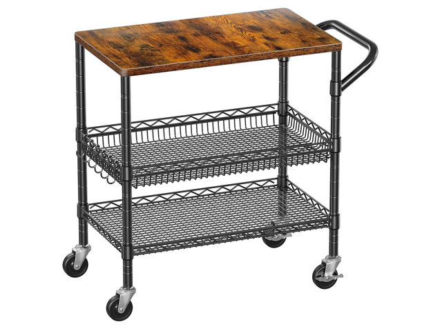 3 Tier Rolling Carts with Wheels, Heavy Duty Rolling Utility Cart with Wood Tabletop, Commercial Grade Metal Cart with Handle and Hooks, NSF...