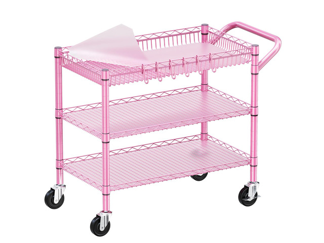 Pink Rolling Utility Cart with Wheels, 990Lbs Heavy Duty Metal Cart with Handle & Shelf Liners, NSF Certified 3-Tier Storage Trolley for...