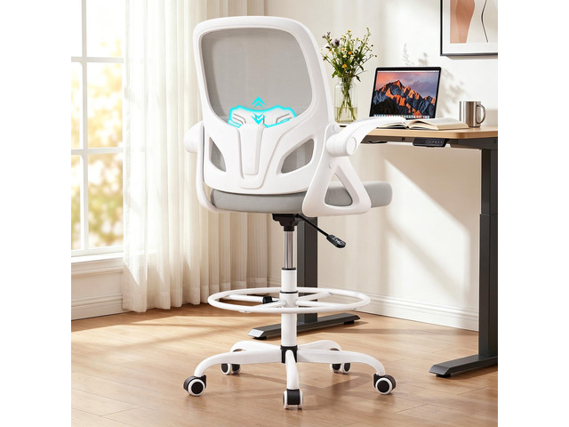 Drafting Chair Tall Office Chair, Ergonomic Standing Desk Chair with Adjustable Foot Ring and Flip-up Armrests, Mesh Computer Chair for Art Studio,...